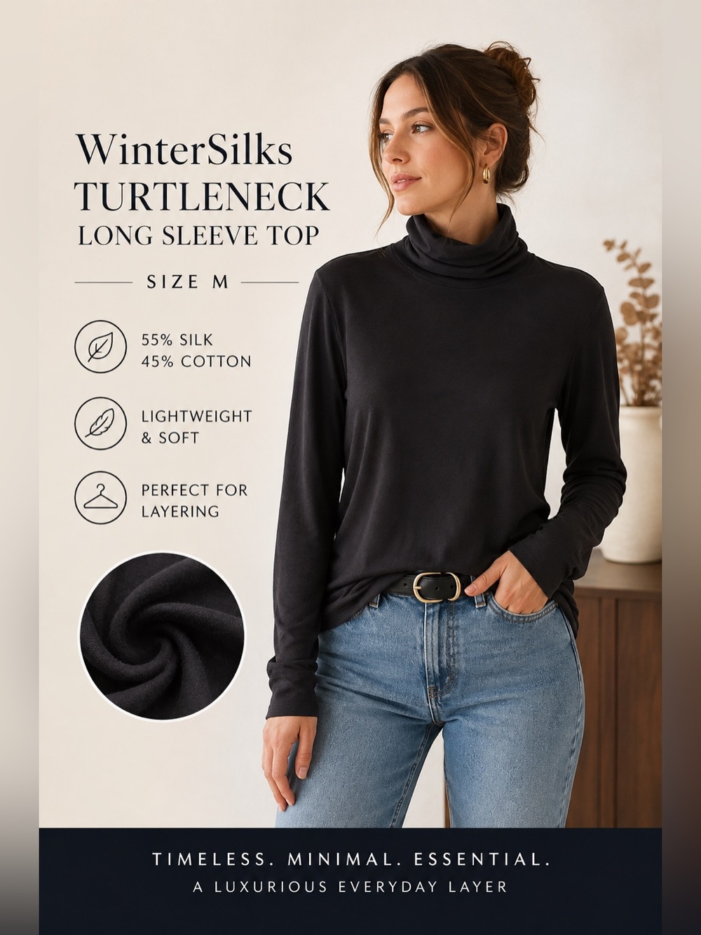 WinterSilks Black Silk Blend Turtleneck Long Sleeve Top Size M Lightweight Layer - Picture 2 of 7